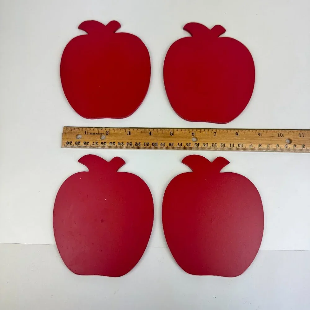 Vintage Set of 4 Red Apple Shape Coasters Wood Cork in Apple Basket Holder Theme